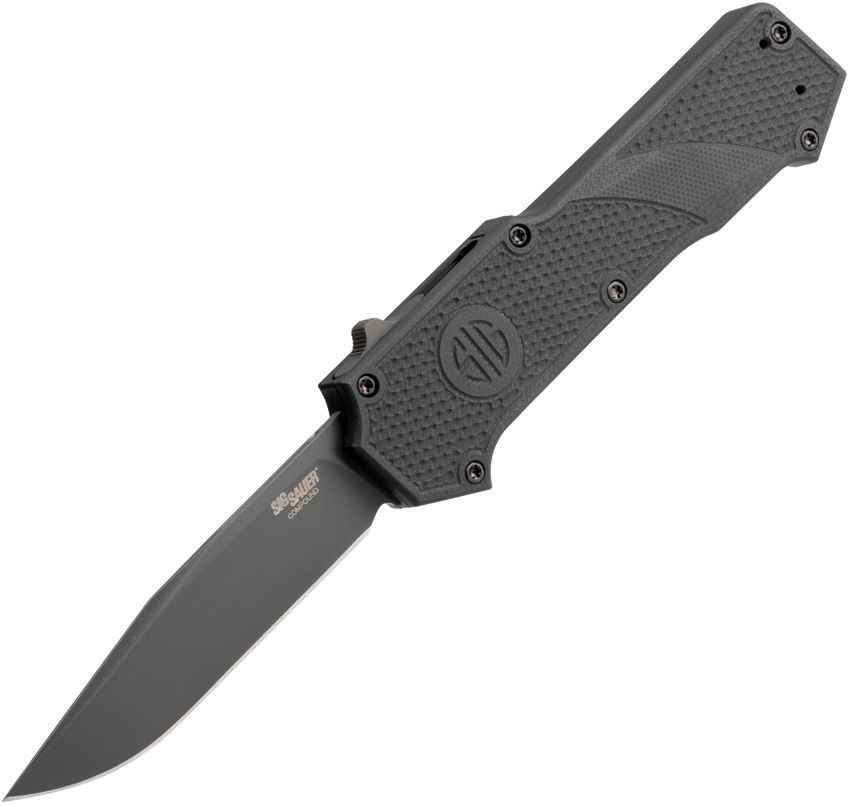 HOGUE/SIG Compound Tactical OTF Automatic: 3.5" Clip Point Blade - Grey PVD Finish, Solid Black G10 Frame