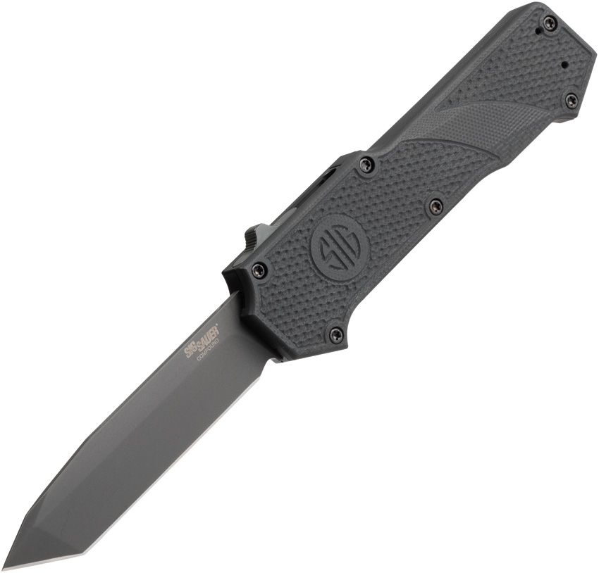 HOGUE/SIG Compound Tactical OTF Automatic: 3.5" Tanto Blade - Grey PVD Finish, Solid Black G10 Frame