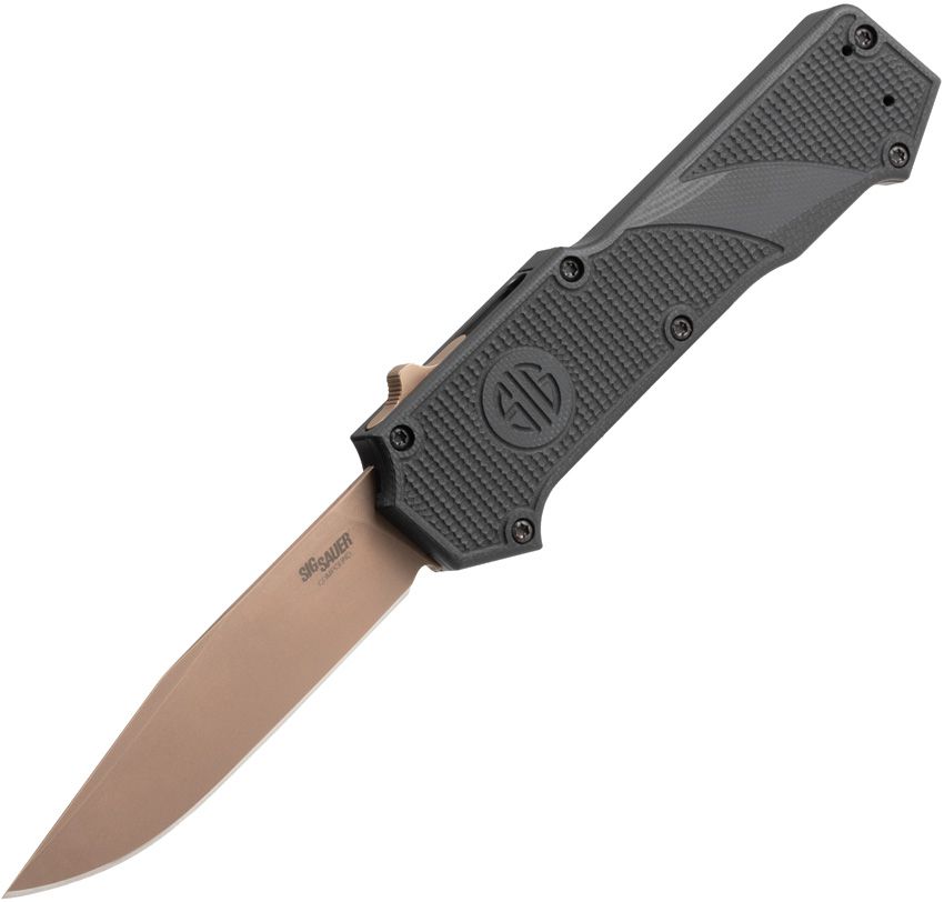 HOGUE/SIG Compound Emperor Scorpion OTF Automatic: 3.5" Clip Point Blade - FDE PVD Finish, Solid Black G10 Frame